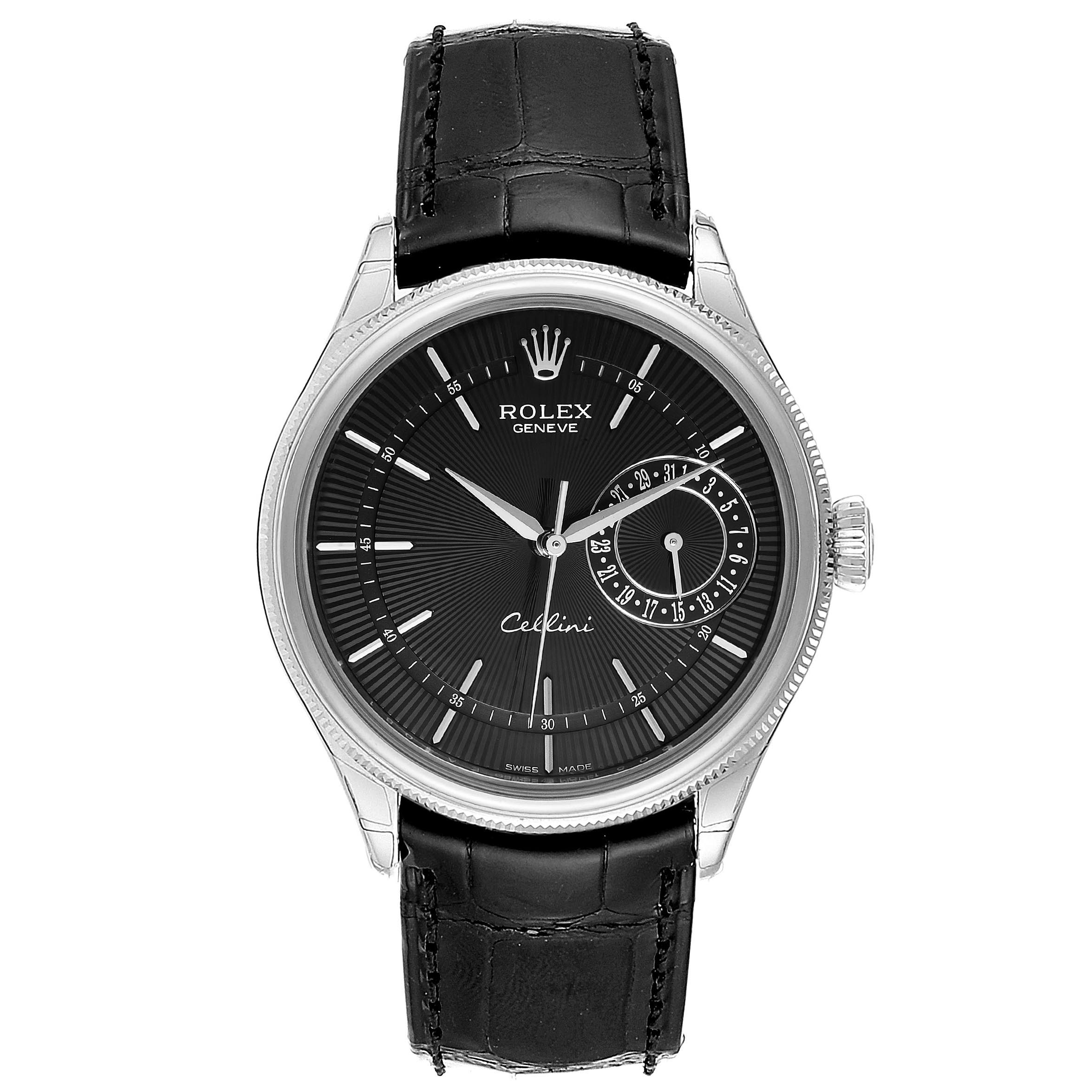 This image shows a front view of a Rolex Cellini 50519 Men's White Gold Black Dial 50519 Men's White Gold Black Dial watch, featuring its dial, hands, crown, and black leather strap.