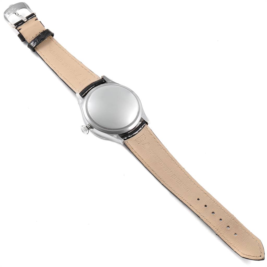 The image shows the back and leather strap of a Rolex Cellini 50519 Men's White Gold Black Dial 50519 Men's White Gold Black Dial watch, with the watch laid flat and the case back and buckle visible.