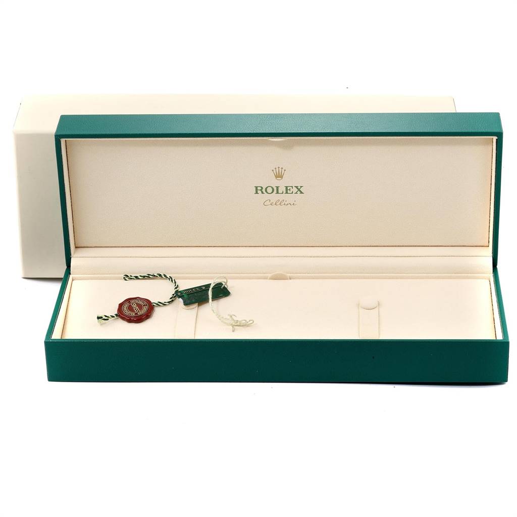 The image shows an open Rolex Cellini 50519 Men's White Gold Black Dial 50519 Men's White Gold Black Dial watch box with the manufacturer's tags inside.