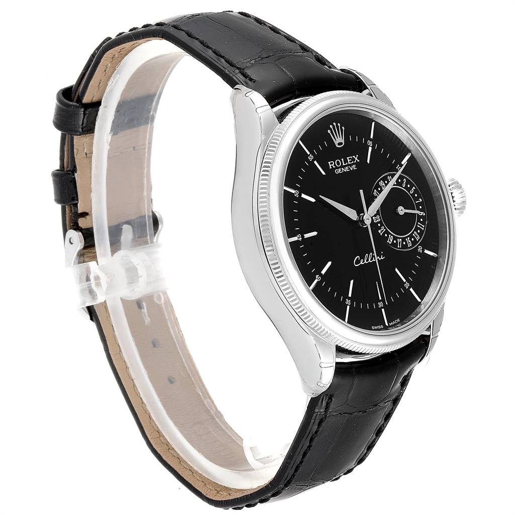 The image shows a Rolex Cellini 50519 Men's White Gold Black Dial 50519 Men's White Gold Black Dial watch in a side angle, displaying the black leather strap, black dial, and silver case.