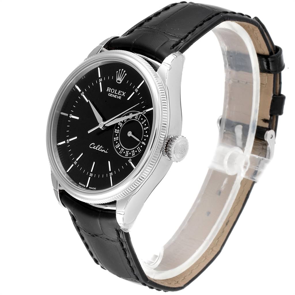 The Rolex Cellini 50519 Men's White Gold Black Dial 50519 Men's White Gold Black Dial watch is shown at a slight angle, displaying its black dial, silver case, and black leather strap.