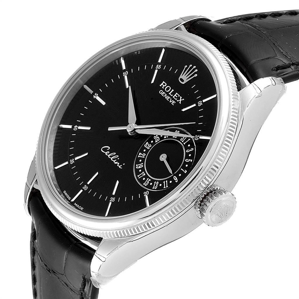 This image shows a Rolex Cellini 50519 Men's White Gold Black Dial 50519 Men's White Gold Black Dial watch at a slight angle, highlighting the face, crown, and leather strap.