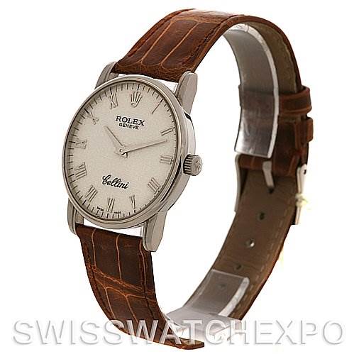 The image shows a Rolex Cellini 5116/9 White Gold Beige Dial 5116/9 White Gold Beige Dial watch at a three-quarter angle, displaying the face, case, and leather strap.