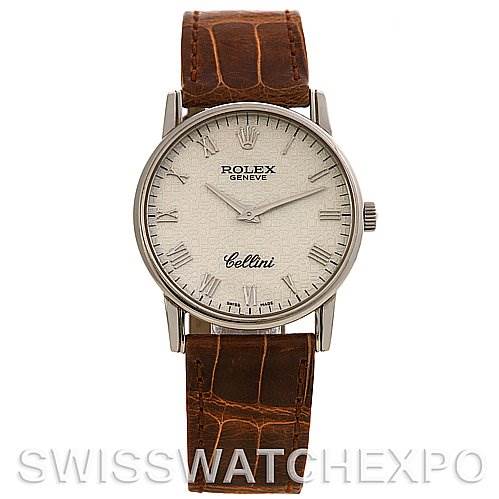 The image shows a front view of a Rolex Cellini 5116/9 White Gold Beige Dial 5116/9 White Gold Beige Dial watch with a brown leather strap and a white dial.