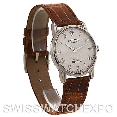 The image shows a Rolex Cellini 5116/9 White Gold Beige Dial 5116/9 White Gold Beige Dial watch at a slight angle, displaying its face, dial, and brown leather strap.