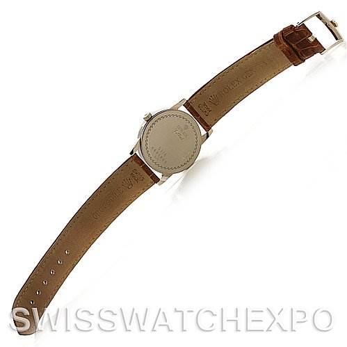 The image shows the back view of a Rolex Cellini 5116/9 White Gold Beige Dial 5116/9 White Gold Beige Dial watch, displaying its leather strap and clasp.