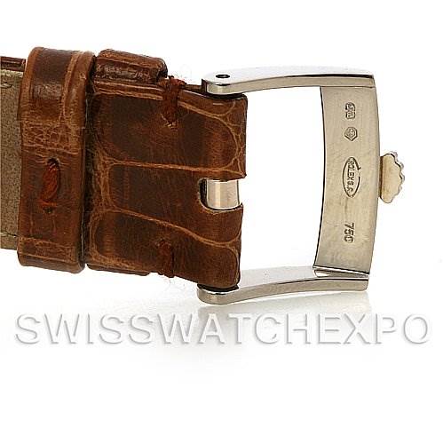 The image shows the clasp and part of the leather strap of a Rolex Cellini 5116/9 White Gold Beige Dial 5116/9 White Gold Beige Dial watch.