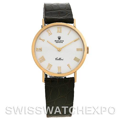 This image shows a front view of a Rolex Cellini 4112 Yellow Gold White Dial 4112 Yellow Gold White Dial watch with a gold case, white dial, and black leather strap.