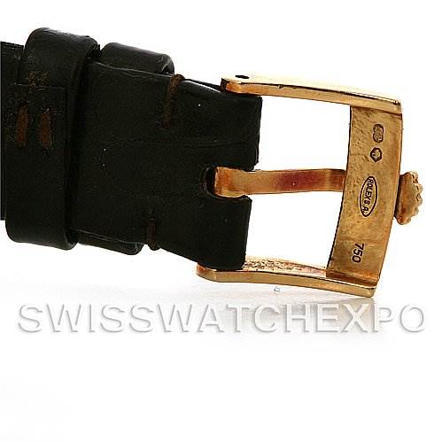 This image shows a close-up of the buckle and part of the strap of a Rolex Cellini 4112 Yellow Gold White Dial 4112 Yellow Gold White Dial watch.