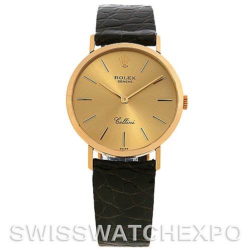 The image shows a frontal view of a Rolex Cellini 4112 Yellow Gold Champagne Dial 4112 Yellow Gold Champagne Dial watch with a gold dial and black leather strap.