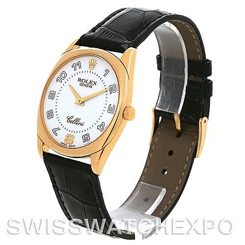 The image shows a side-angle view of a Rolex Cellini 4233 Yellow Gold White Dial 4233 Yellow Gold White Dial watch with a white dial and black leather strap.