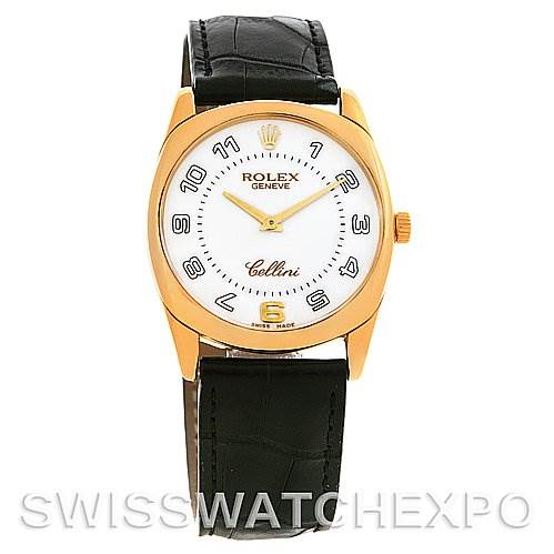The image shows a front view of a Rolex Cellini 4233 Yellow Gold White Dial 4233 Yellow Gold White Dial watch, featuring its gold case, white dial, black leather strap, and crown.