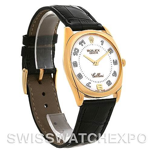 The image shows a Rolex Cellini 4233 Yellow Gold White Dial 4233 Yellow Gold White Dial watch at an angle highlighting the face, bezel, strap, and buckle.