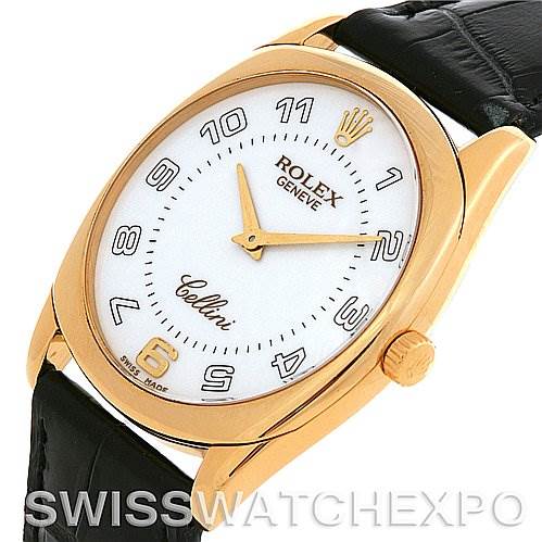This image shows a Rolex Cellini 4233 Yellow Gold White Dial 4233 Yellow Gold White Dial watch from an oblique angle, displaying the gold case, white dial, and black leather strap.