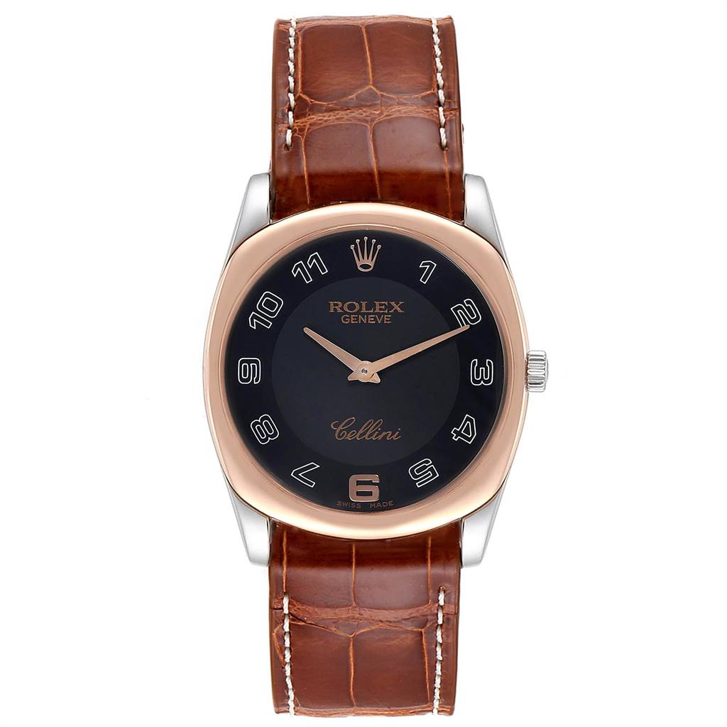The image shows a Rolex Cellini 4233 Men's White Gold Black Dial 4233 Men's White Gold Black Dial watch from a front angle, displaying its face, bezel, and brown leather strap.