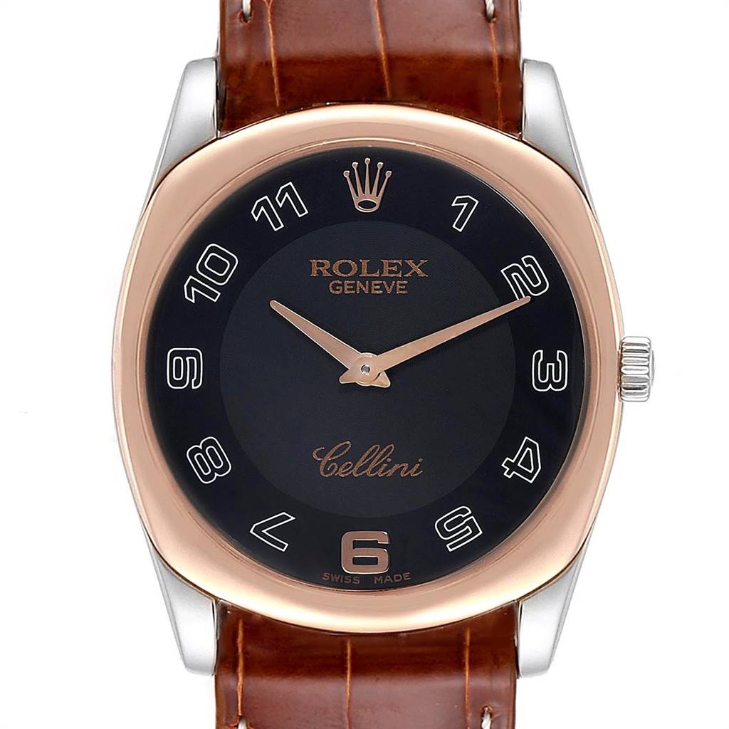 This Rolex Cellini 4233 Men's White Gold Black Dial 4233 Men's White Gold Black Dial watch is shown from the front, highlighting the dial, hands, and part of its brown leather strap.