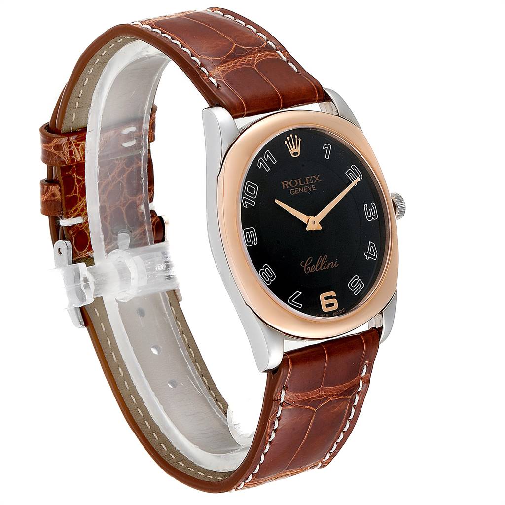 The Rolex Cellini 4233 Men's White Gold Black Dial 4233 Men's White Gold Black Dial watch is shown at an angled side view, displaying its dial, case, crown, and leather strap.