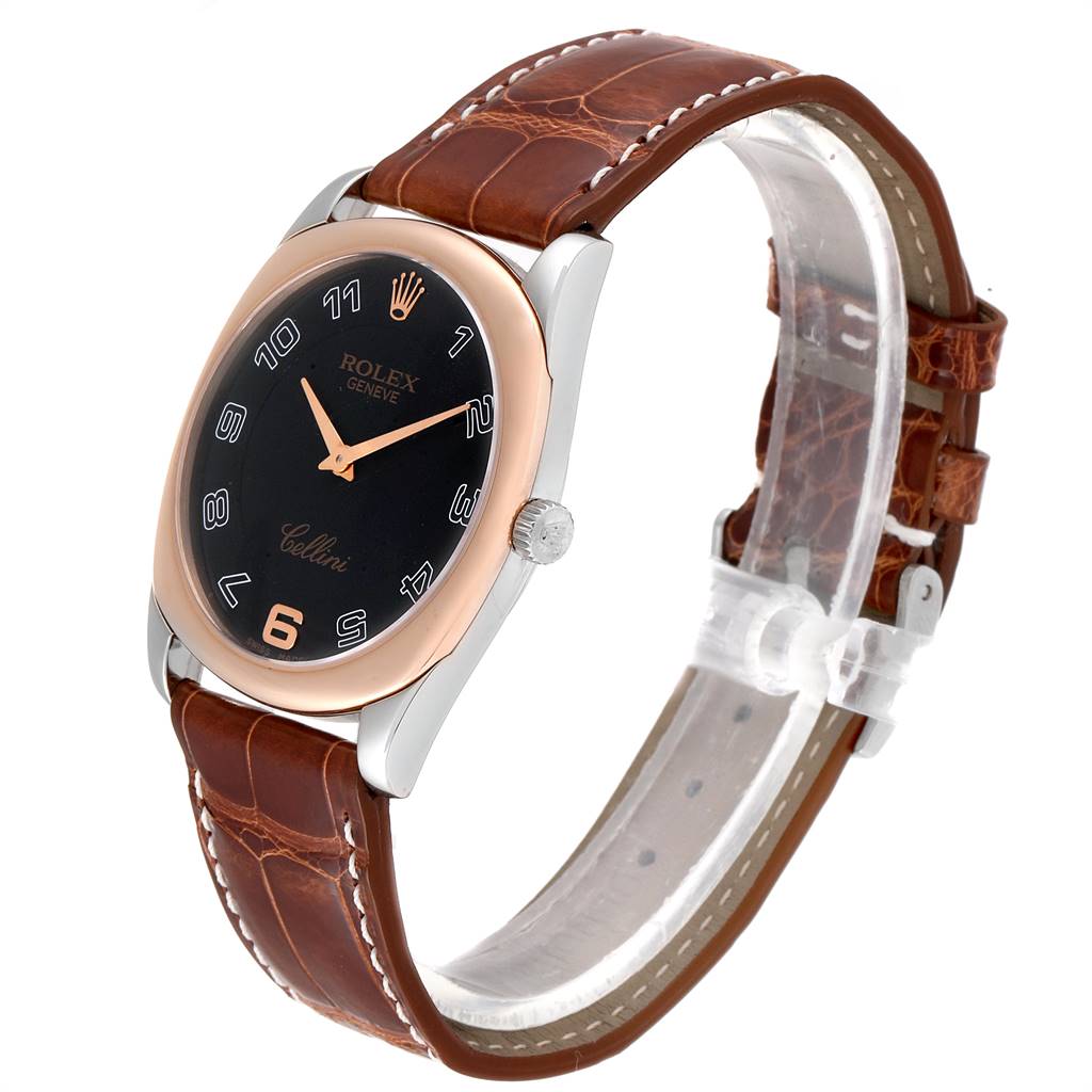 The Rolex Cellini 4233 Men's White Gold Black Dial 4233 Men's White Gold Black Dial watch is shown at a slight side angle, featuring its face, crown, case, and leather strap.