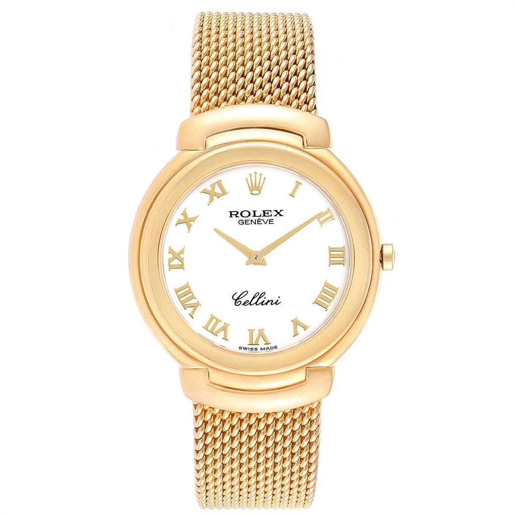 The Rolex Cellini 6623 Men's Yellow Gold White Dial 6623 Men's Yellow Gold White Dial watch is shown from a front view, displaying the dial, case, and part of the gold mesh bracelet.