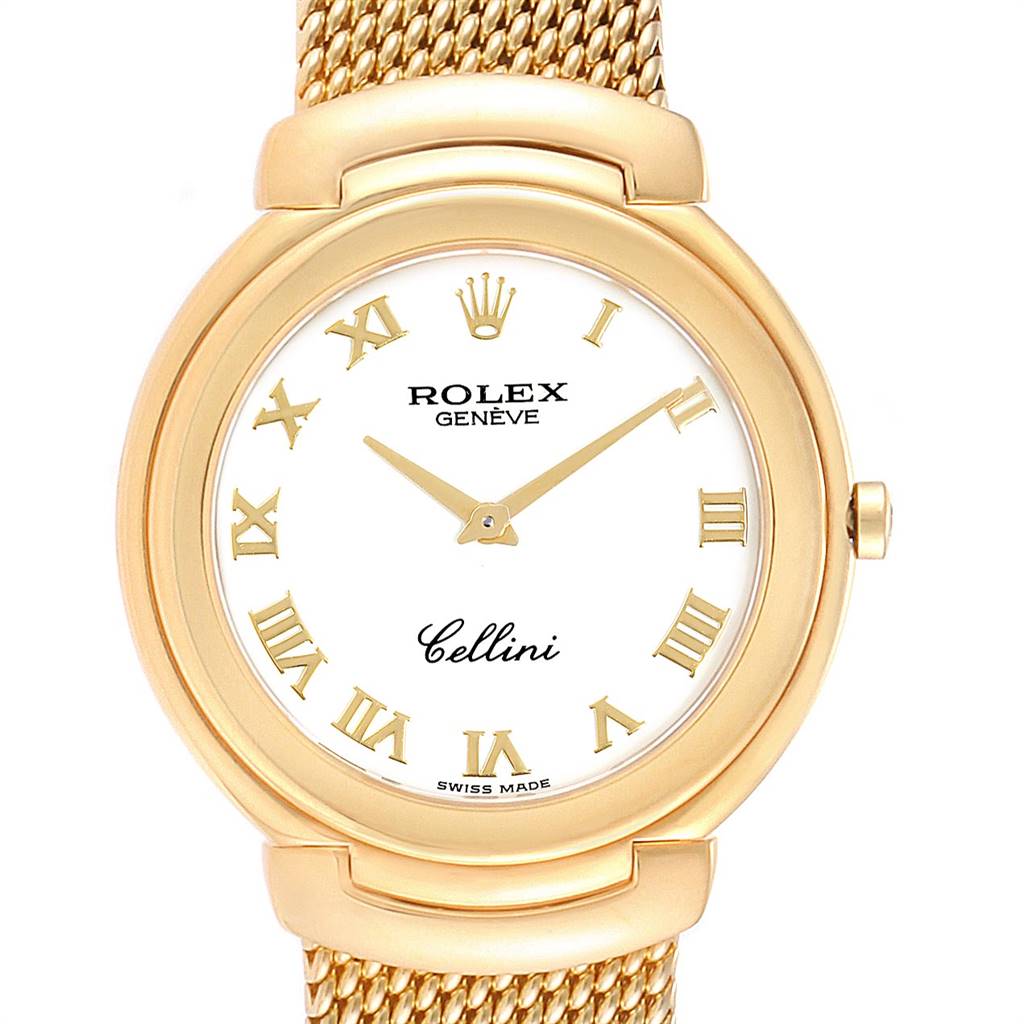 This image shows a front view of the Rolex Cellini 6623 Men's Yellow Gold White Dial 6623 Men's Yellow Gold White Dial watch, highlighting its face, Roman numeral markers, crown, and band.