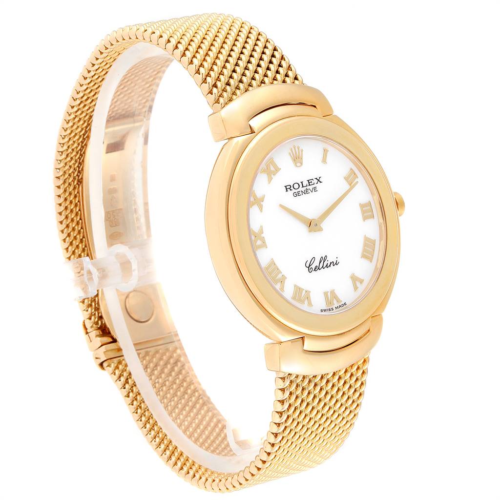 The image shows a side view of a Rolex Cellini 6623 Men's Yellow Gold White Dial 6623 Men's Yellow Gold White Dial watch, highlighting its gold mesh bracelet and oval-shaped face with Roman numerals.