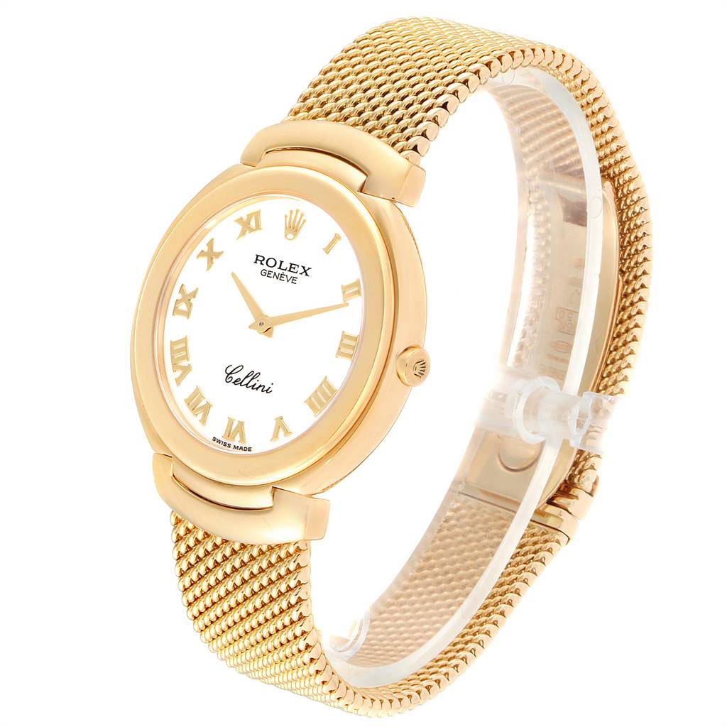 The Rolex Cellini 6623 Men's Yellow Gold White Dial 6623 Men's Yellow Gold White Dial watch is shown from an angled side view, displaying its gold mesh band, round white dial, and Roman numeral markers.