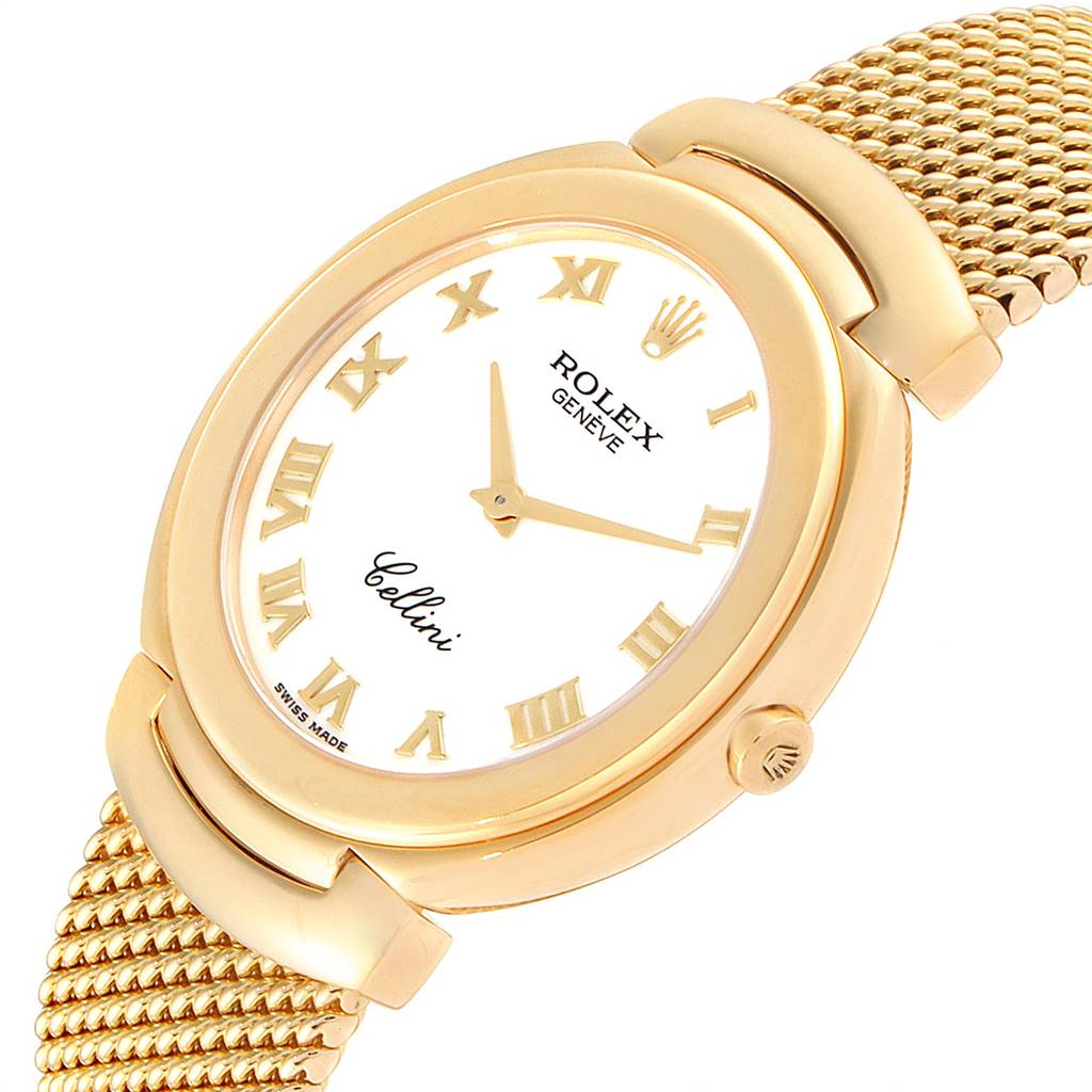 The Rolex Cellini 6623 Men's Yellow Gold White Dial 6623 Men's Yellow Gold White Dial watch is shown at an oblique angle, highlighting its gold case, mesh band, white dial, and Roman numerals.