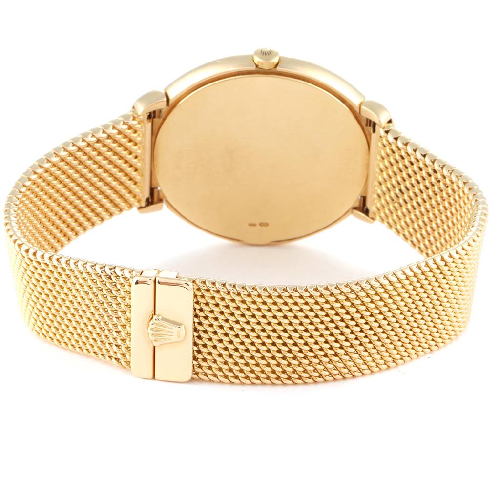 This image shows the back view of a Rolex Cellini 6623 Men's Yellow Gold White Dial 6623 Men's Yellow Gold White Dial watch focusing on its gold mesh bracelet and clasp.