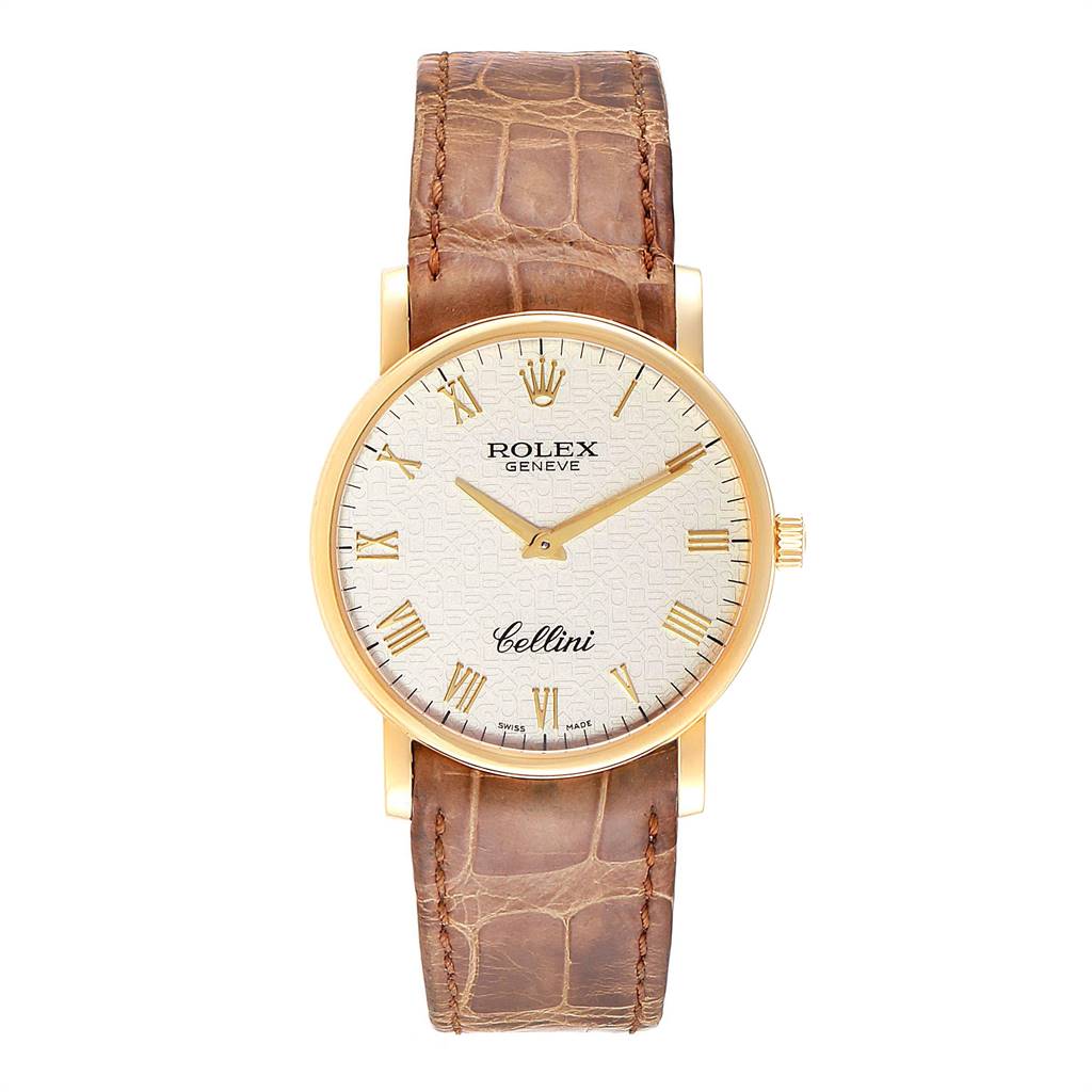 This image shows a Rolex Cellini 5115 Men's Yellow Gold Beige Dial 5115 Men's Yellow Gold Beige Dial watch from a front angle, featuring the face, dial, and leather strap.