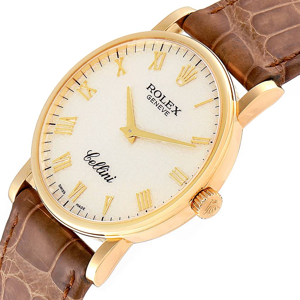 The image shows a Rolex Cellini 5115 Men's Yellow Gold Beige Dial 5115 Men's Yellow Gold Beige Dial watch from an angled top view, highlighting the face, crown, and strap.