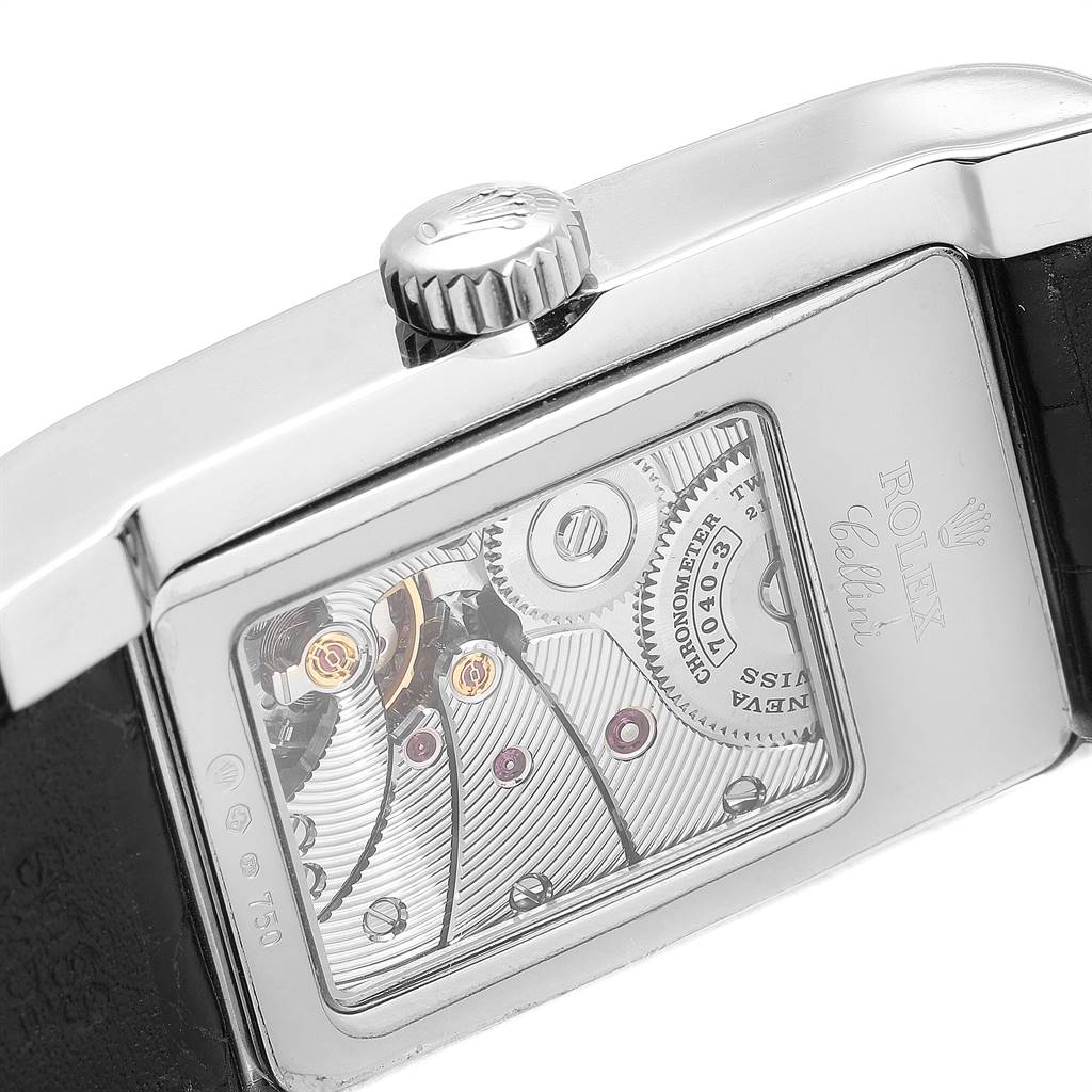 The image shows a close-up rear view of the Rolex Cellini 5441 Men's White Gold Silver Dial 5441 Men's White Gold Silver Dial watch, highlighting its movement and crown.