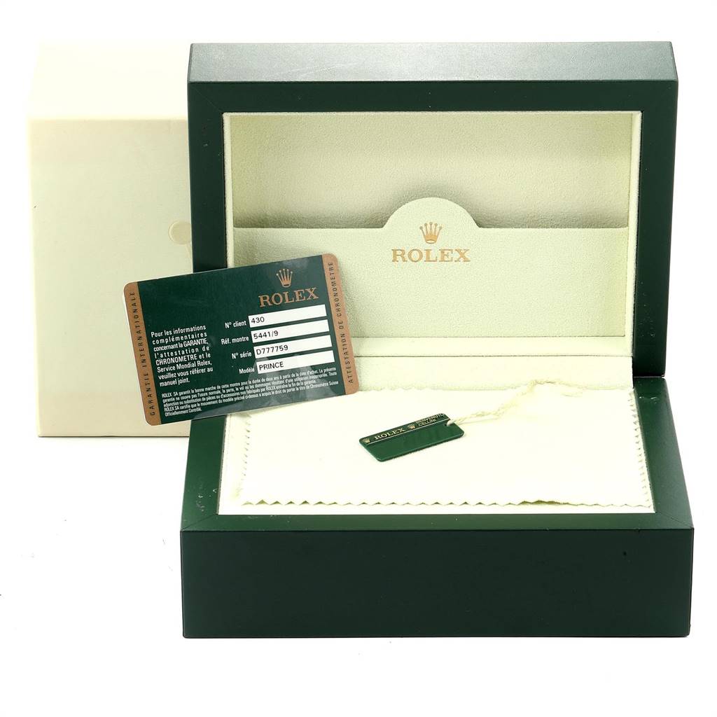 The image shows the box, tag, and documentation for a Rolex Cellini 5441 Men's White Gold Silver Dial 5441 Men's White Gold Silver Dial watch, with the lid open, displaying the brand name inside.