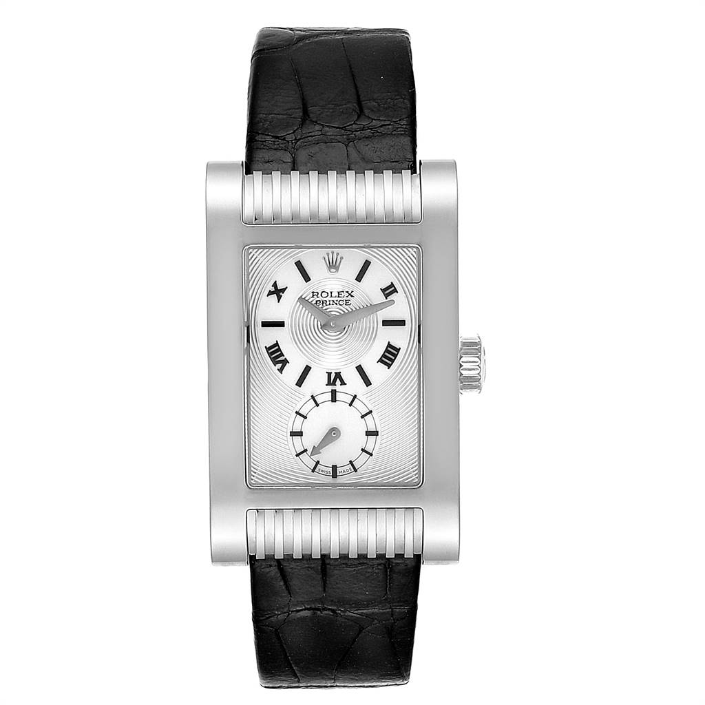The image shows a frontal view of a Rolex Cellini 5441 Men's White Gold Silver Dial 5441 Men's White Gold Silver Dial model watch, displaying its rectangular face, black leather strap, and side crown.