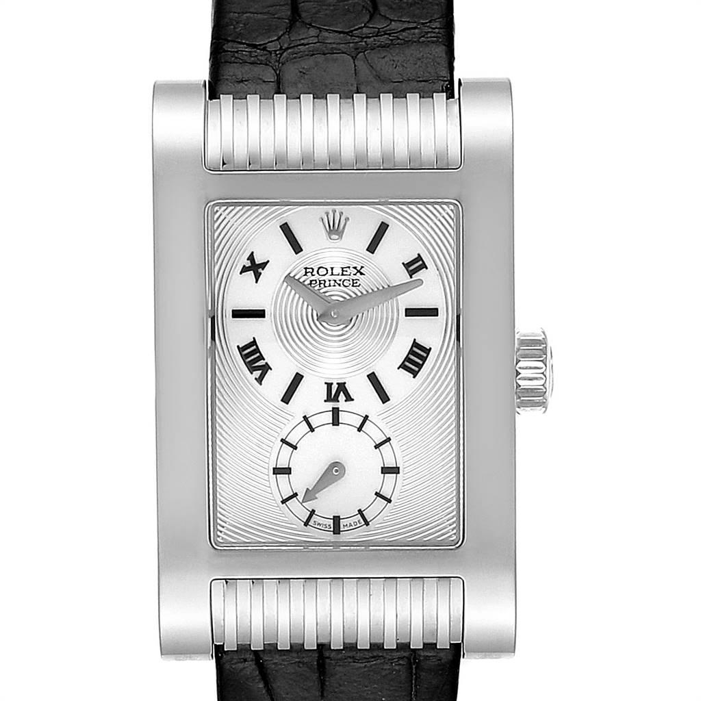The image shows a front view of a Rolex Cellini 5441 Men's White Gold Silver Dial 5441 Men's White Gold Silver Dial Prince watch, highlighting its rectangular face, black leather strap, and side crown.