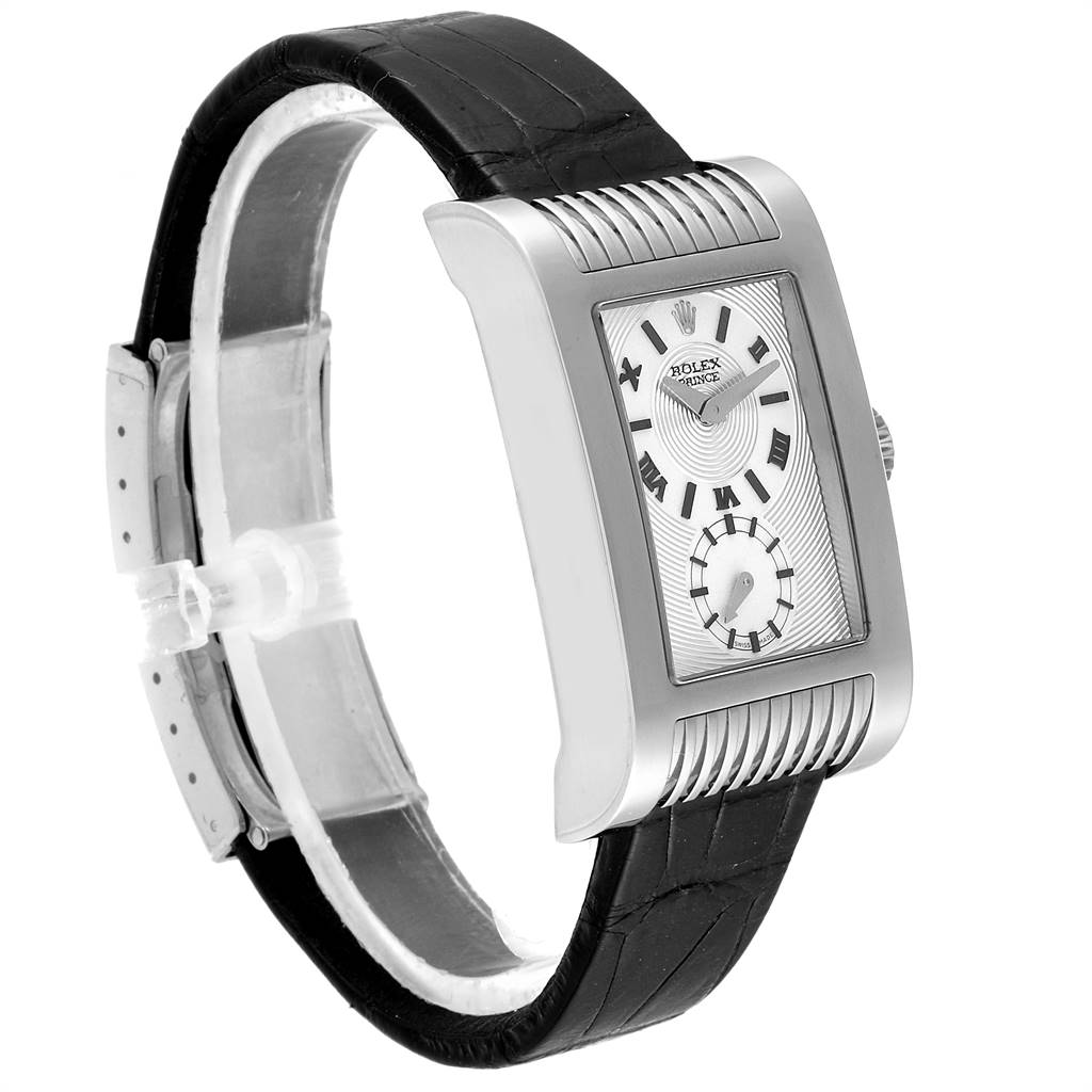 The image shows a side angle of a Rolex Cellini 5441 Men's White Gold Silver Dial 5441 Men's White Gold Silver Dial watch, displaying its rectangular dial, roman numerals, and black leather strap.