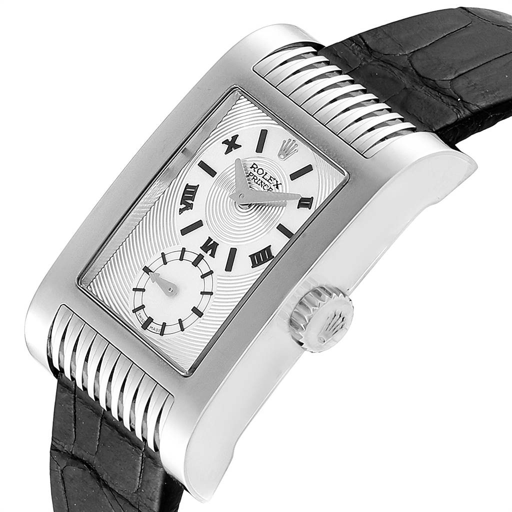 This image shows a Rolex Cellini 5441 Men's White Gold Silver Dial 5441 Men's White Gold Silver Dial watch from a side angle, showcasing its dial, crown, and leather strap.