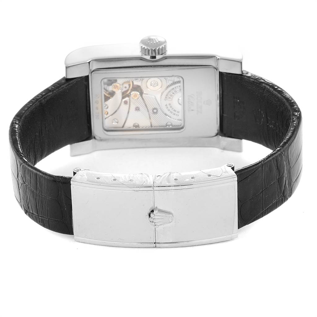 The image shows the back view of a Rolex Cellini 5441 Men's White Gold Silver Dial 5441 Men's White Gold Silver Dial watch, highlighting its black leather strap and visible mechanical movement.