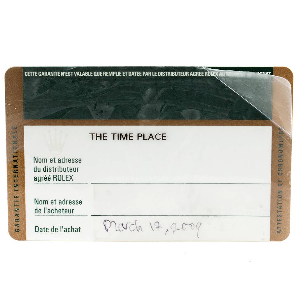 This is an image of the warranty card for the Rolex Cellini 5441 Men's White Gold Silver Dial 5441 Men's White Gold Silver Dial model, showing the distributor's name, purchase date, and other details.