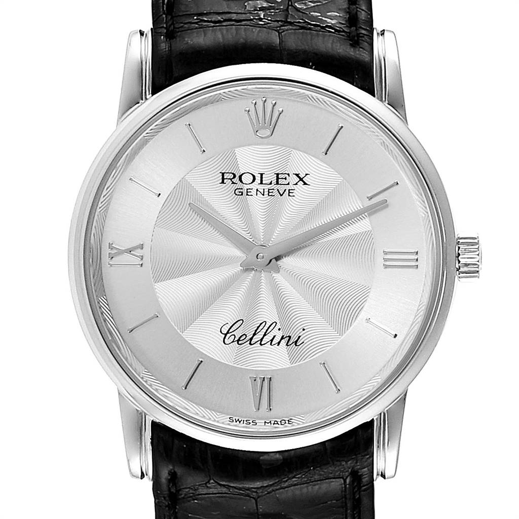 The image shows a front view of the Rolex Cellini 5116 Men
s White Gold Silver Dial 5116 Men
s White Gold Silver Dial watch face, including the dial, hands, crown, and part of the leather strap.