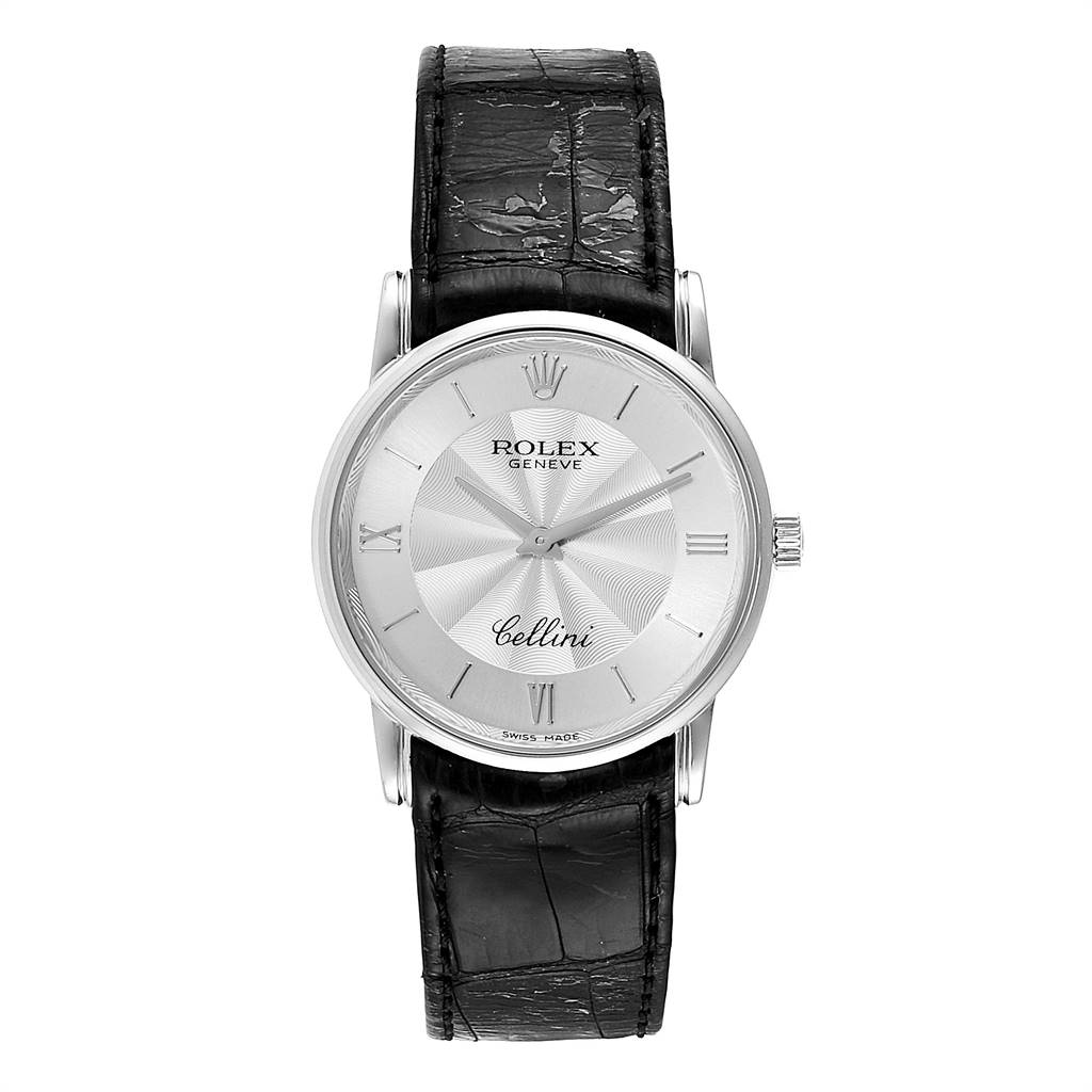 The image shows a front view of a Rolex Cellini 5116 Men
s White Gold Silver Dial 5116 Men
s White Gold Silver Dial watch, highlighting the dial, hands, and black leather strap.