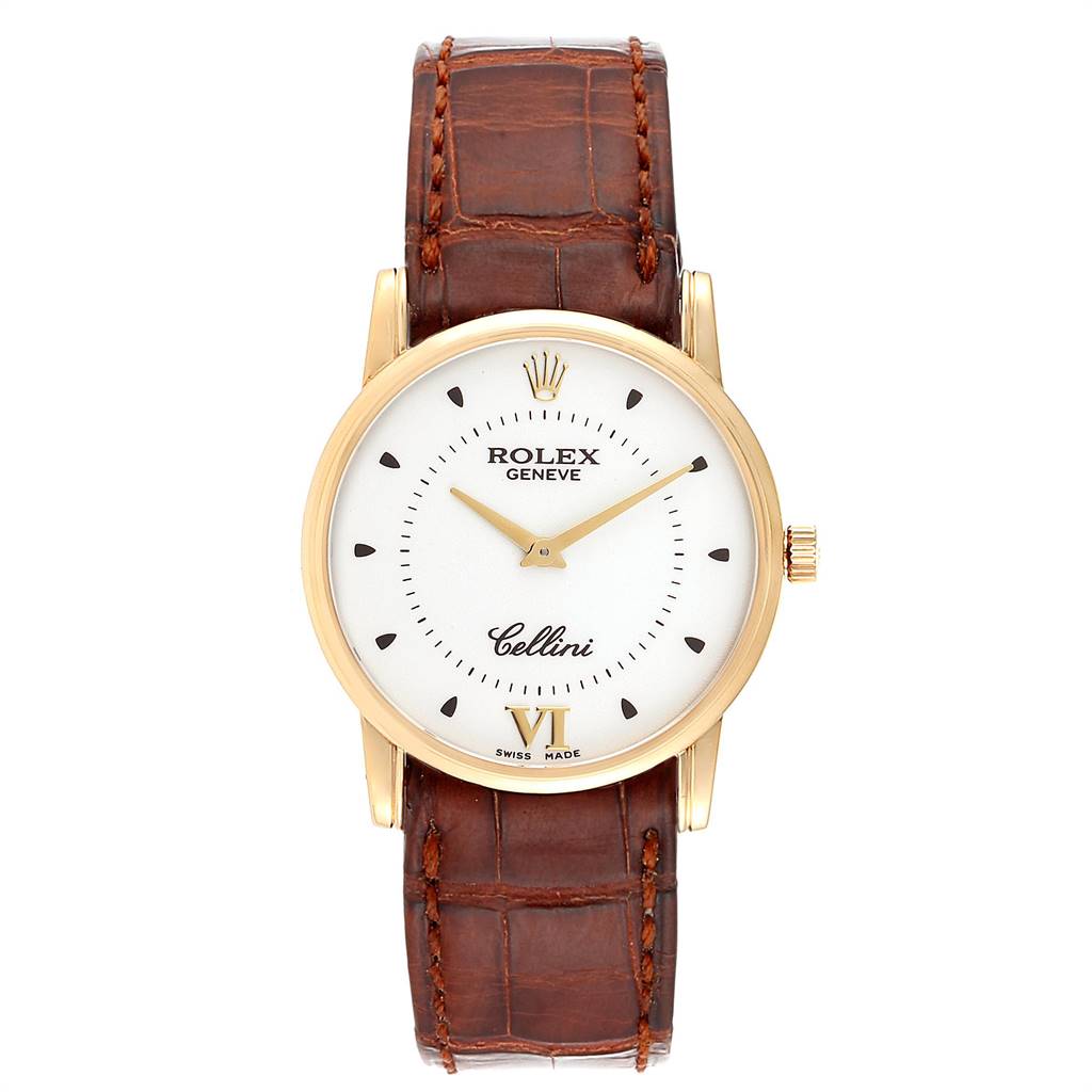 The image shows a front view of a Rolex Cellini 5116 Men's Yellow Gold Silver Dial 5116 Men's Yellow Gold Silver Dial watch, highlighting the dial, hands, case, and leather strap.