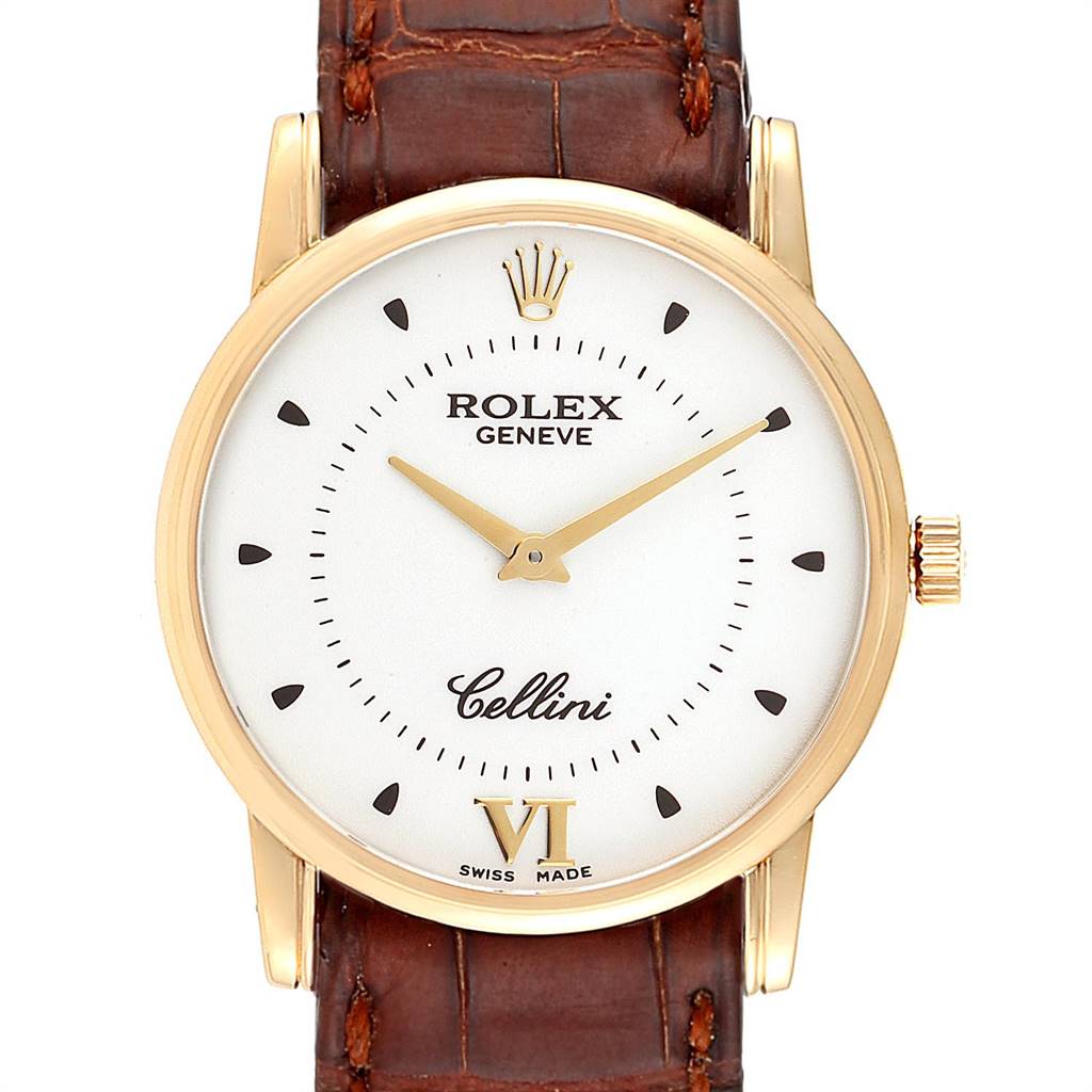 The image shows a Rolex Cellini 5116 Men's Yellow Gold Silver Dial 5116 Men's Yellow Gold Silver Dial watch from a front angle revealing the dial, hands, and part of the leather strap.