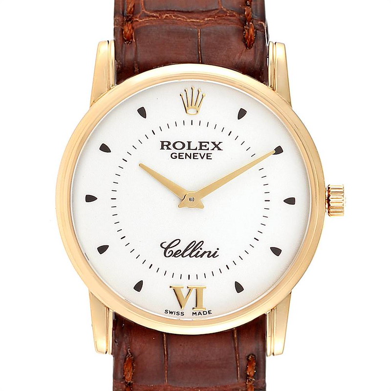 Rolex Cellini Classic 18k Yellow Gold Silver Dial Brown Strap Watch 5116 SwissWatchExpo