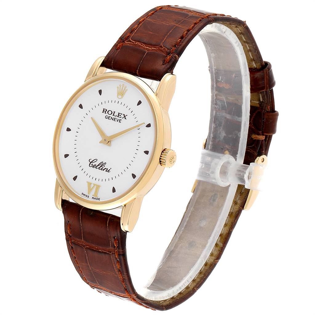 The image shows a Rolex Cellini 5116 Men's Yellow Gold Silver Dial 5116 Men's Yellow Gold Silver Dial watch at a three-quarter angle, highlighting its face, leather strap, and gold casing.