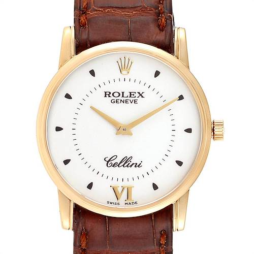 Photo of Rolex Cellini Classic 18k Yellow Gold Silver Dial Brown Strap Watch 5116