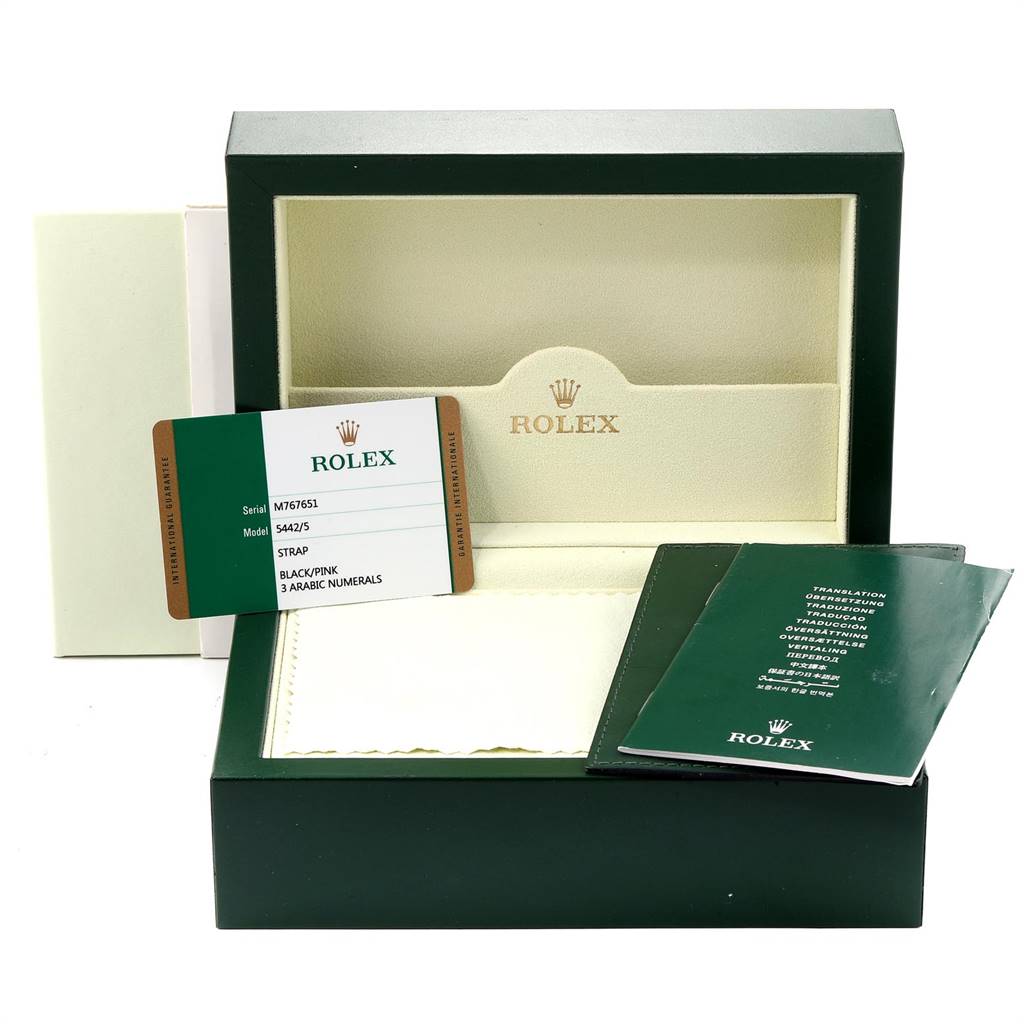 The image shows the open box and packaging for a Rolex Cellini 5442 Men's Rose Gold Black Dial 5442 Men's Rose Gold Black Dial watch, along with its warranty card and manuals.