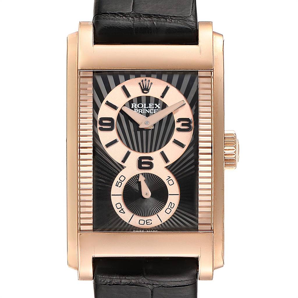 The image shows a front view of a Rolex Cellini 5442 Men's Rose Gold Black Dial 5442 Men's Rose Gold Black Dial Prince with a leather strap and a rectangular dial.