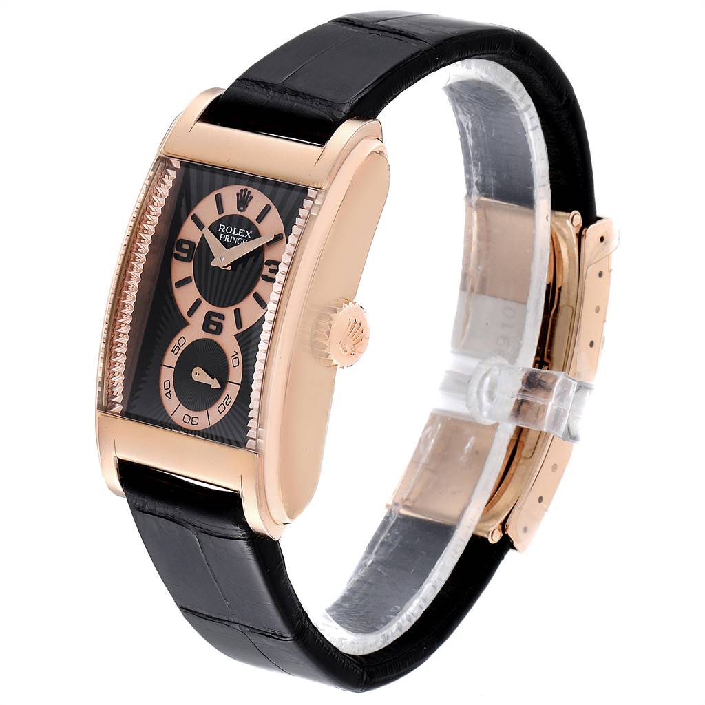 The image shows a Rolex Cellini 5442 Men's Rose Gold Black Dial 5442 Men's Rose Gold Black Dial watch at a slight angle, highlighting the face, crown, and leather strap.