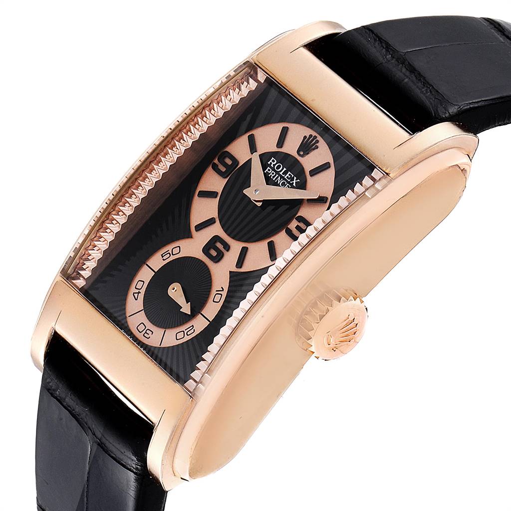 The image shows a side view of a Rolex Cellini 5442 Men's Rose Gold Black Dial 5442 Men's Rose Gold Black Dial model watch, highlighting its black leather strap, rose gold case, crown, and dial.