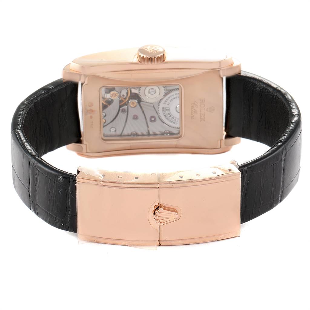This image shows the back view of the Rolex Cellini 5442 Men's Rose Gold Black Dial 5442 Men's Rose Gold Black Dial watch, highlighting its movement and black leather strap.